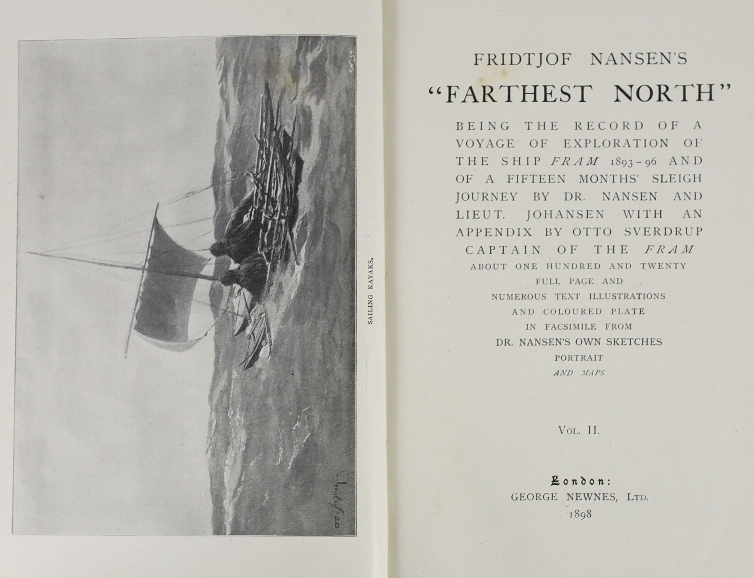 Nansen, Fridtjof - Farthest North, 2 vols, 8vo, original pictorial cloth, with folding map, George Newnes, London, 1898